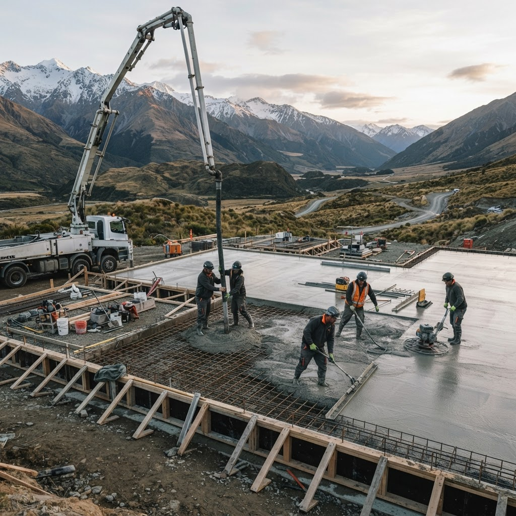 Concrete crew pouring and finishing a reinforced slab